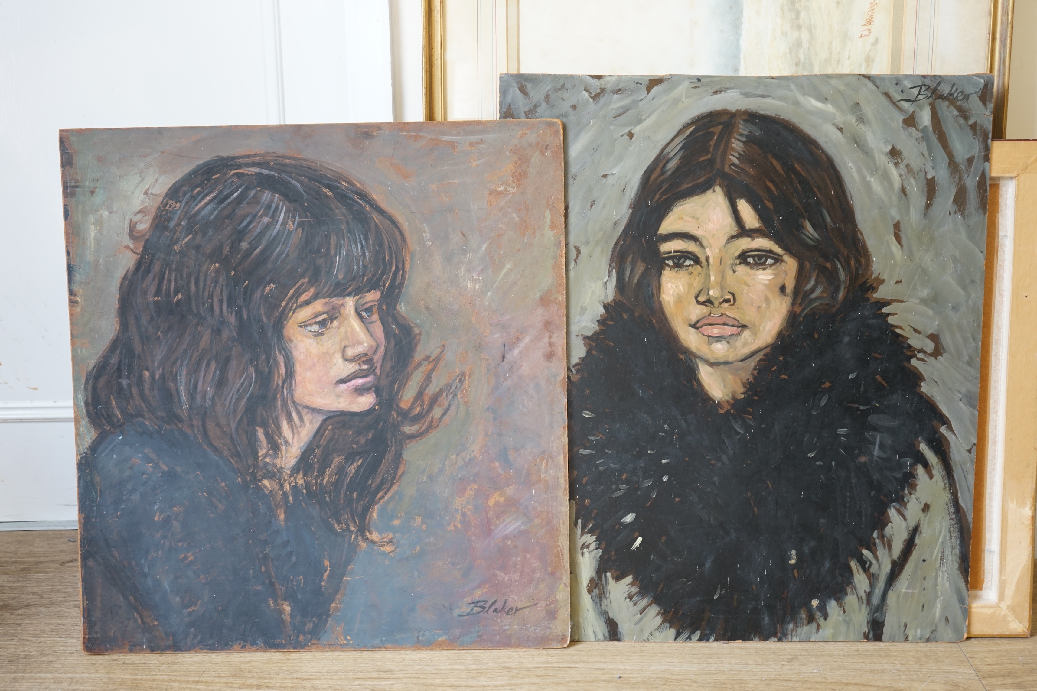 Michael John Blaker (1928-2018), two oils on board, Female portraits, each signed, 66 x 55cm, unframed. Condition - fair